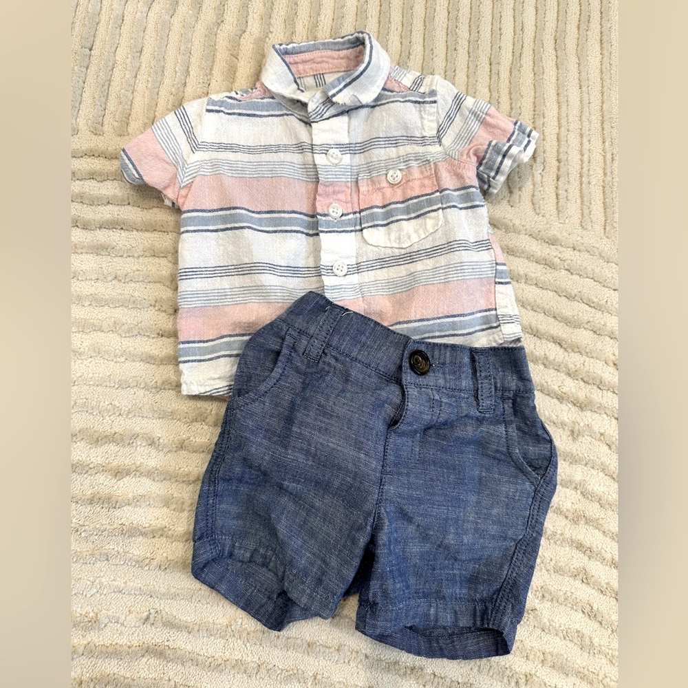 Hope and Henry chambray shorts and linen short sleeve button down.